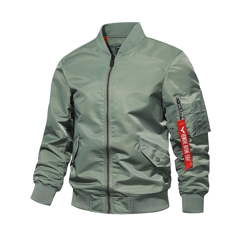 Nylon Stand-Collar Sleeve-Pocket Flight Jacket — Bean green